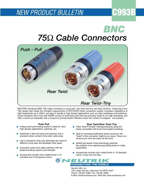 Colour Coded Rear Twist Neutrik NBNC75BLP7 75Ω BNC Connector RG59