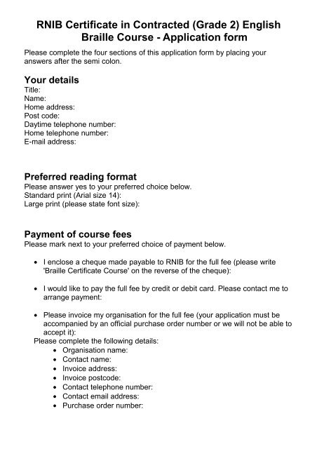 RNIB Certificate in Grade 2 Englsih braille course application form