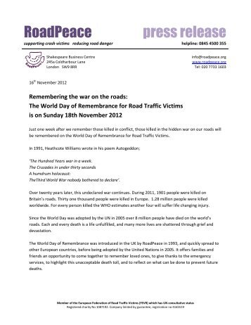 press release for World Day of Remembrance 2012 - RoadPeace