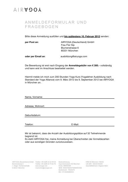 ANMELDEFORMULAR UND FRAGEBOGEN - AIRYOGA - München
