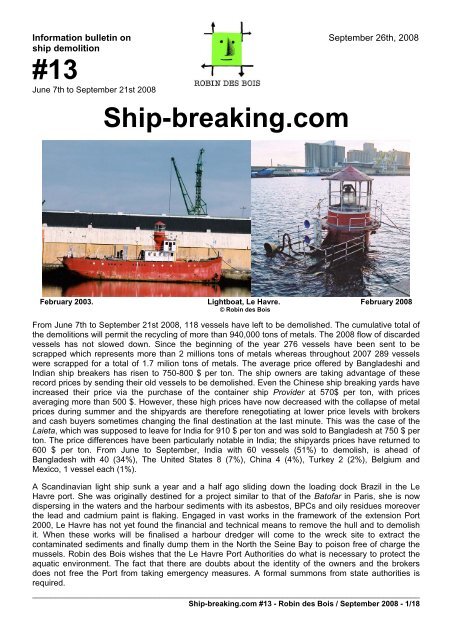 Ship-breaking.com. Special issue, global statement ... - Robin des Bois