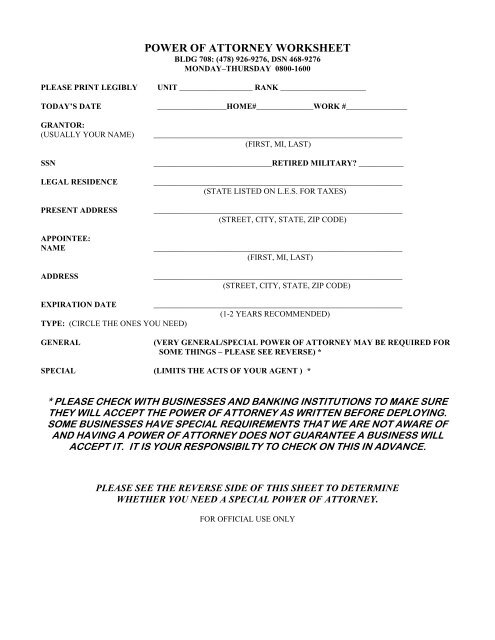 POWER OF ATTORNEY WORKSHEET