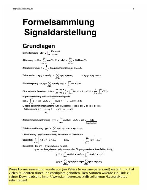 Formelsammlung Signaldarstellung Grundlagen