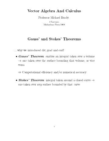 Vector Algebra And Calculus Gauss' and Stokes' Theorems