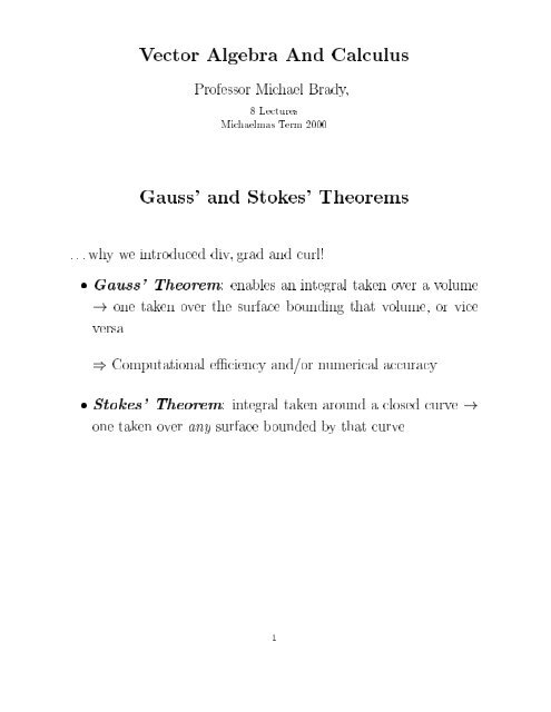 Vector Algebra And Calculus Gauss' and Stokes' Theorems