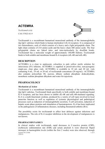 Actemra (tocilizumab) Product Information (PI) - Roche Australia