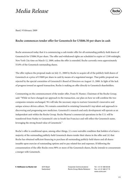 Roche commences tender offer for Genentech for US$86.50 per ...