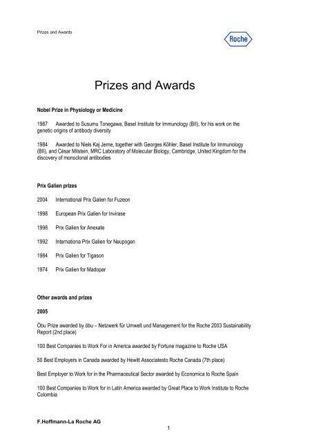 Roche Prizes and Awards