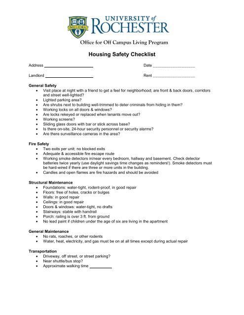 Housing Safety Checklist - University of Rochester