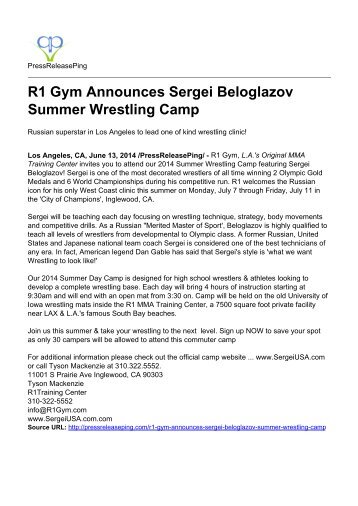 R1 Gym Announces Sergei Beloglazov Summer Wrestling Camp