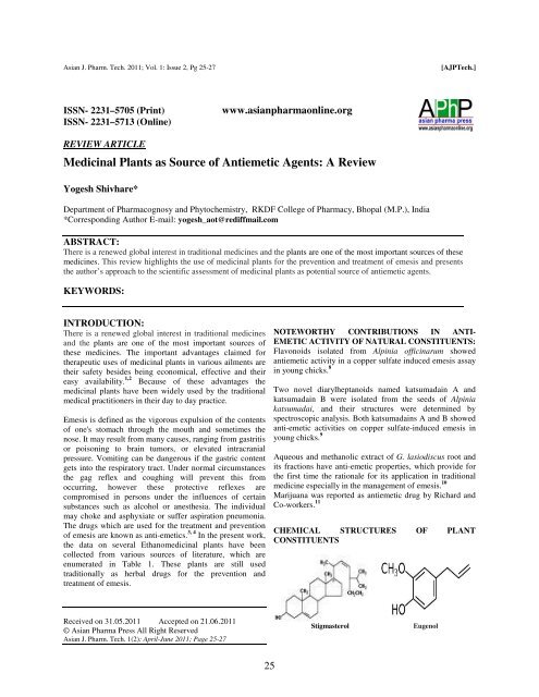 Medicinal Plants as Source of Antiemetic Agents: A Review