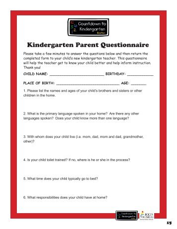 Kindergarten Parent Questionnaire - Countdown to Kindergarten