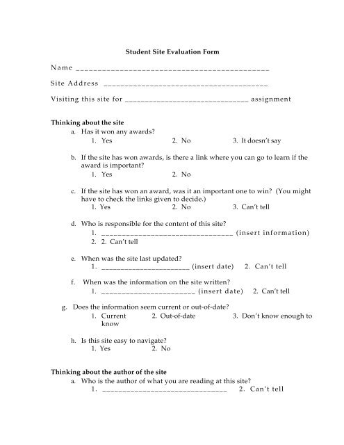 Internet Site Evaluation Worksheet - EnglishCompanion.com