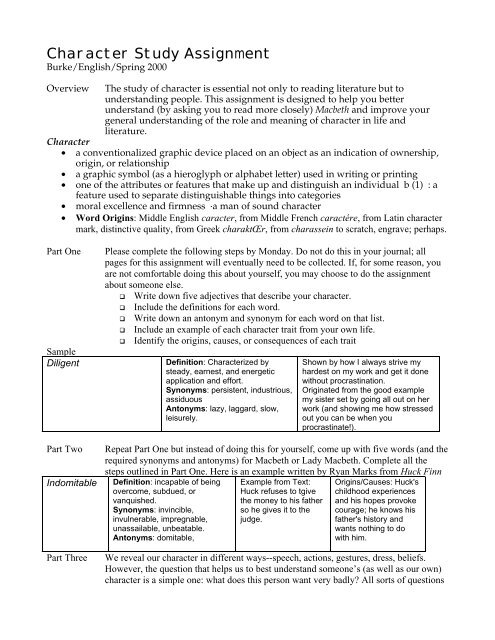 Character Study Assignment - English Companion