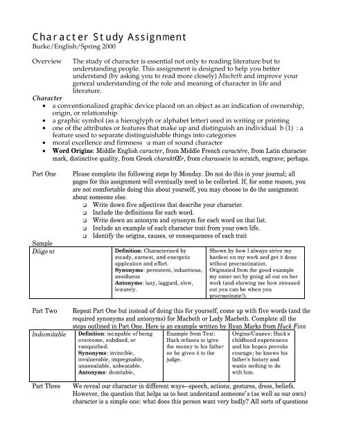 Character Study Assignment - English Companion