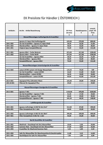 EK Preisliste für Händler ( ÖSTERREICH )