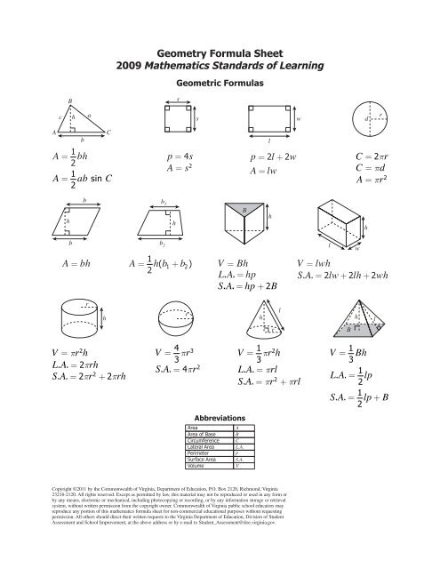 Geometry Formula Sheet Virginia Department Of Education