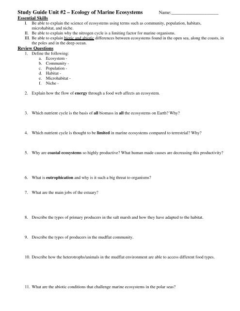 Study Guide Unit #2 â Ecology of Marine Ecosystems