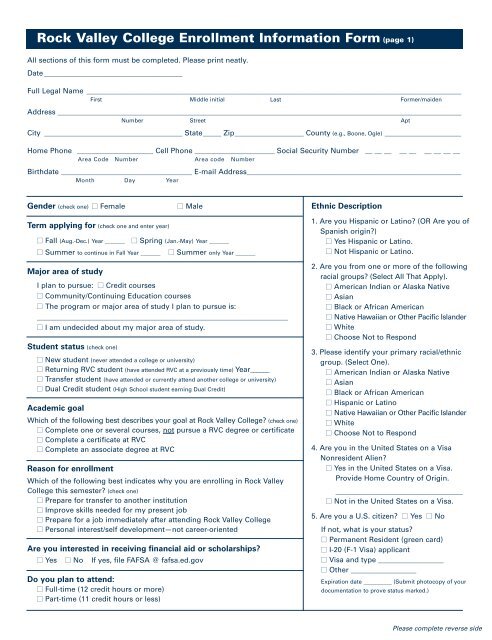 Enrollment Information Form - Rock Valley College