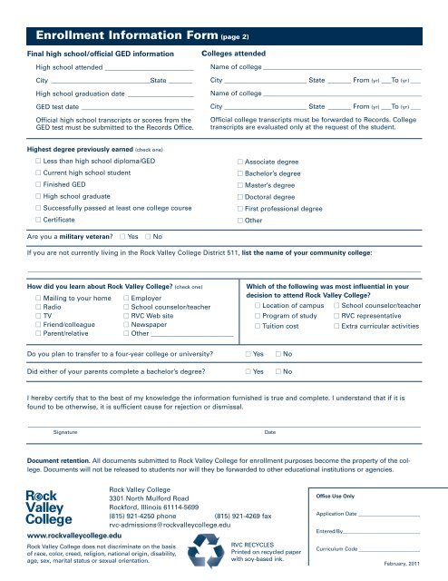 Enrollment Information Form - Rock Valley College