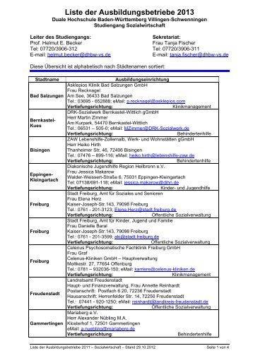 Liste der Ausbildungsbetriebe 2013 - DHBW Villingen-Schwenningen