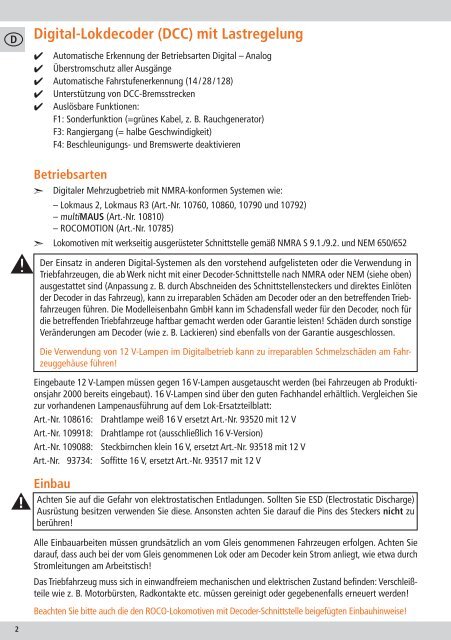 Digital-Lokdecoder (DCC) Digital Locomotive Decoder (DCC ... - Roco