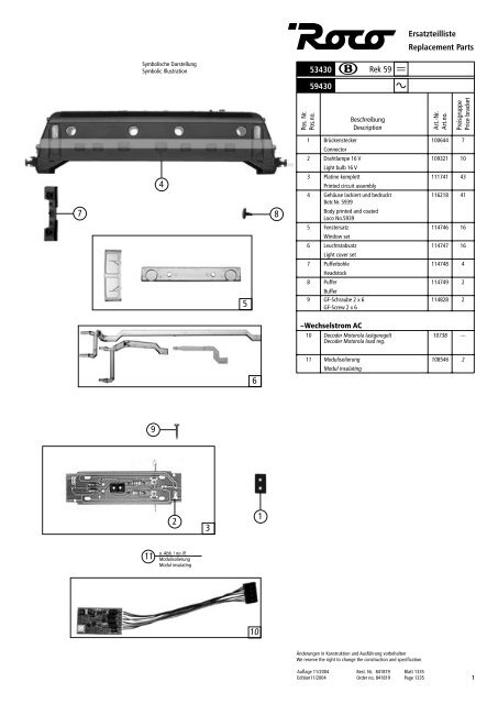 Ersatzteilliste Replacement Parts 53430 Rek 59 59430 - Roco