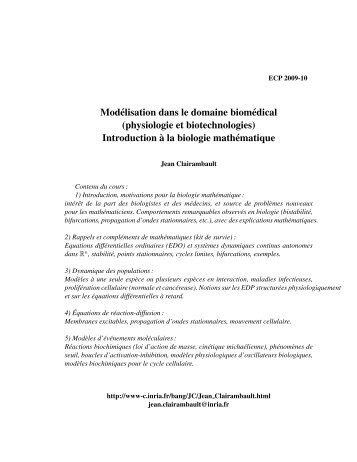 Introduction `a la biologie mathématique - Inria