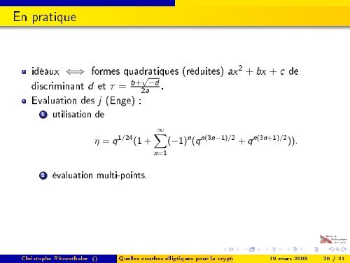 Quelles courbes elliptiques pour la cryptographie ? - Institut de ...