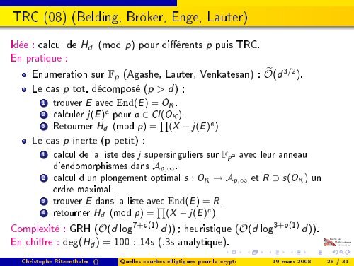 Quelles courbes elliptiques pour la cryptographie ? - Institut de ...