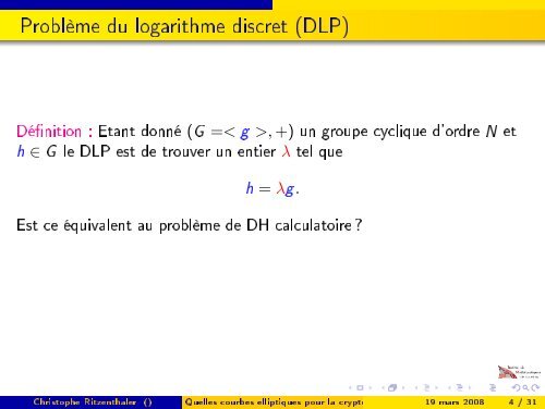 Quelles courbes elliptiques pour la cryptographie ? - Institut de ...