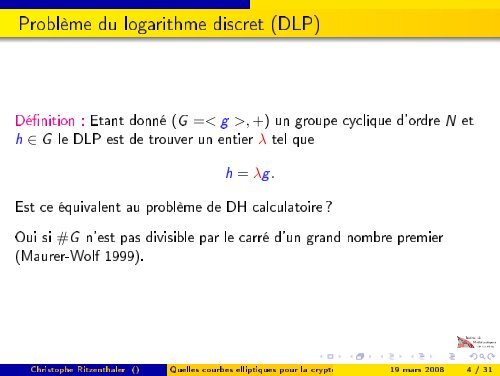 Quelles courbes elliptiques pour la cryptographie ? - Institut de ...