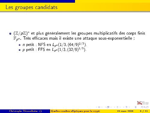 Quelles courbes elliptiques pour la cryptographie ? - Institut de ...