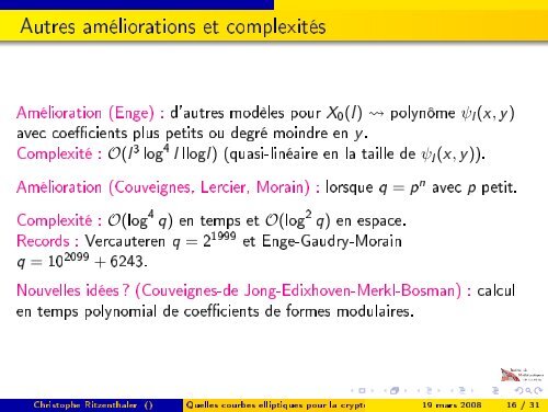 Quelles courbes elliptiques pour la cryptographie ? - Institut de ...