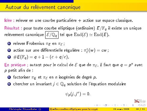 Quelles courbes elliptiques pour la cryptographie ? - Institut de ...