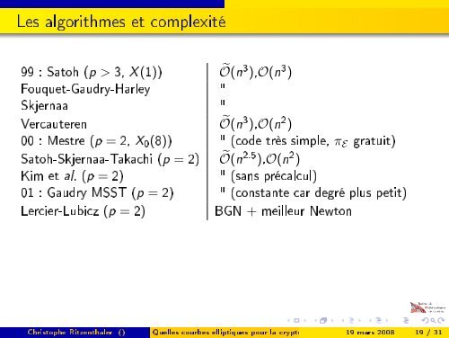 Quelles courbes elliptiques pour la cryptographie ? - Institut de ...