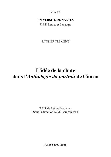 L'idée de la chute dans l'Anthologie du portrait de Cioran