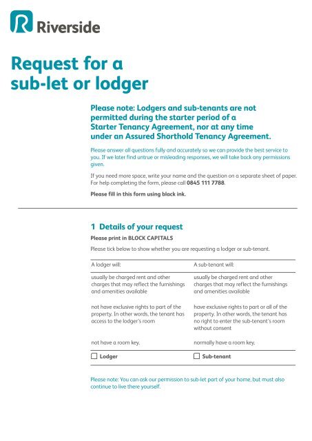 request for a sublet or lodger form - Riverside