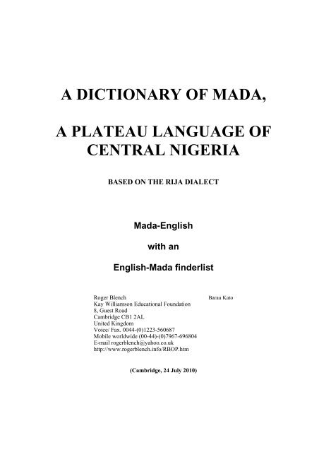A DICTIONARY OF MADA, A PLATEAU LANGUAGE ... - Roger Blench