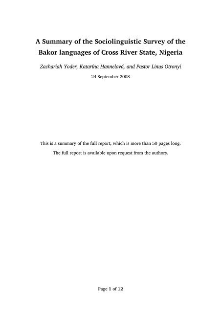 Bakor Report Summary - Roger Blench