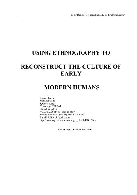 using ethnography to reconstruct the culture of early ... - Roger Blench