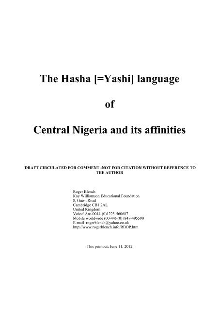 The Hasha [=Yashi] language of Central Nigeria and ... - Roger Blench