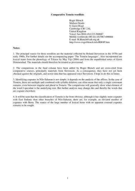 Temein languages comparative wordlist - Roger Blench