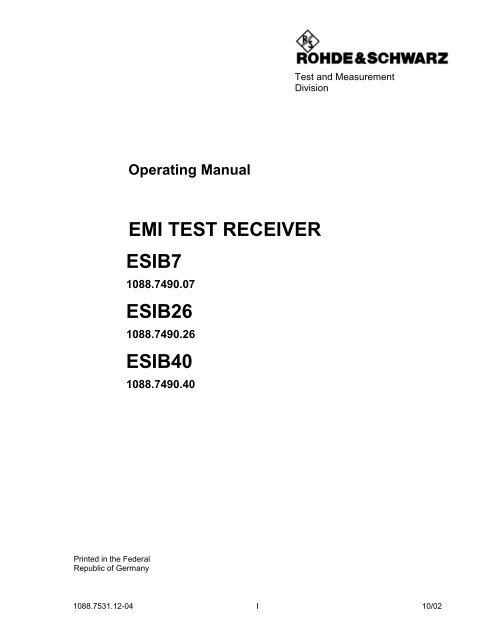 Operating Manual EMI TEST RECEIVER ESIB7 - Rohde & Schwarz