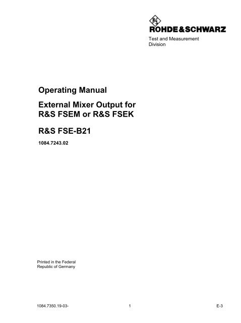 Operating Manual External Mixer Output for R&amp;S ... - Rohde &amp; Schwarz