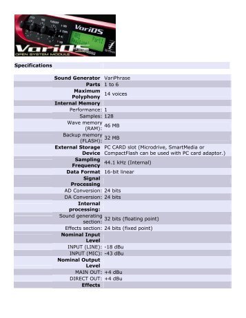 Specifications Sound Generator VariPhrase Parts 1 to 6 ... - Roland