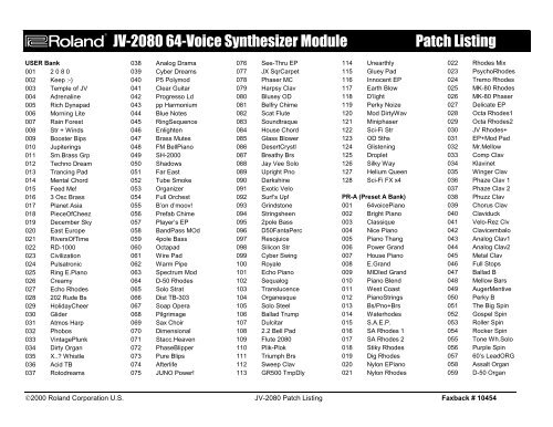 JV-2080 Patch Listing - Roland