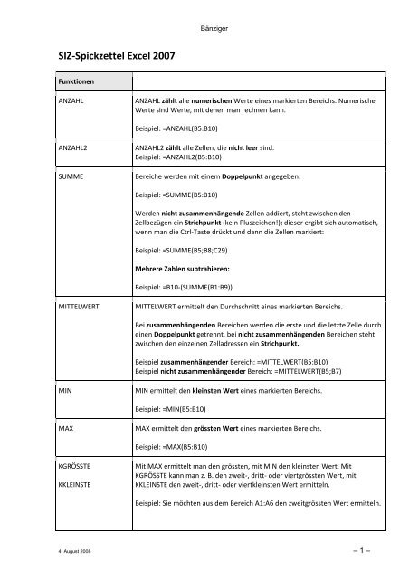 SIZ-Spickzettel Excel 2007 - Rolf BÃ¤nziger