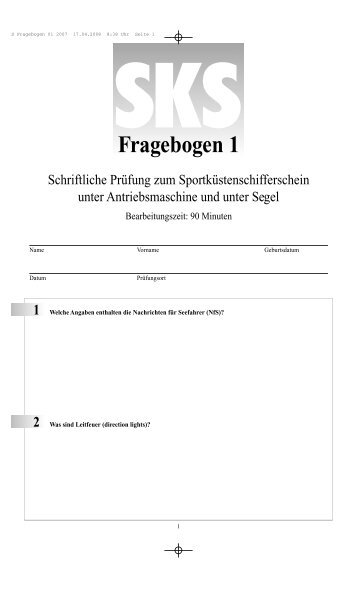SKS-Fragebogenmappe (Kartenaufgabe 1) - Yachtschule Rolf Dreyer