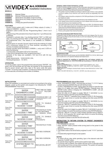 Product Instructions - Videx Security